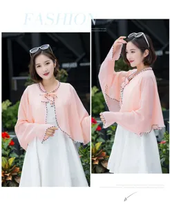 Pink chiffon sun protection cape shawl with bow and polka dot trim details