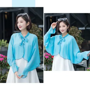 Light blue chiffon sun protection shawl with bow tie neck and stylish flared sleeves