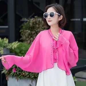 Stylish pink chiffon sun protection shawl for women, lightweight summer UV protection cape
