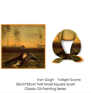 Detail view of the 53x53cm twill square scarf featuring Van Gogh's Twilight Scene.
