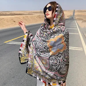Elegant paisley patterned travel shawl for desert sun protection and beach photography