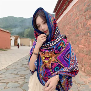 Ethno-Stil Großer Schal Baumwollmischung Böhmischer Druck Quasten Schal Für Damen Retro Geometrisches Muster Sonnenschutz Pashmina Wickel