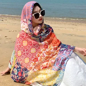 Ethnic style bohemian shawl for women with sun protection and colorful floral patterns