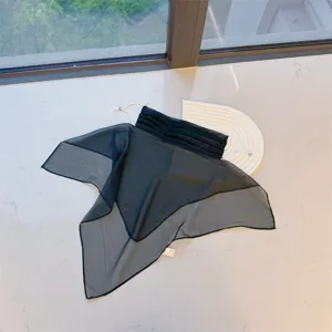 Close-up view of lightweight black sun protection face veil with adjustable ear loops