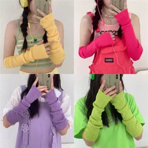 Dopamine-style colorful knitted long arm warmers with half-finger design for women