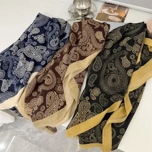Set of three elegant paisley patterned square scarves in navy brown and black silk blend