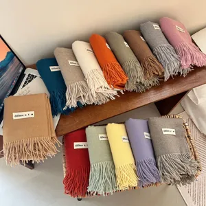 Close-up of soft imitation cashmere scarves in various colors featuring stylish tassel fringe