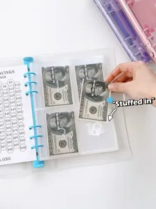 Detail view of inserting cash into a clear pocket of the PVC savings challenge binder.