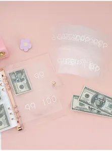 Detailed view of 100-day money saving challenge binder with clear numbered pockets.