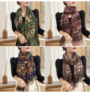 Four color variants of crinkled cotton-linen scarves with vintage ethnic floral patterns