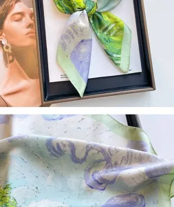 Detailed view of 70cm imitation silk square scarf with light green and purple watercolor print