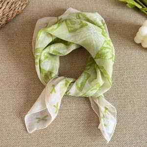 Fresh Cotton Square Scarf For Women Floral Bowknot Pattern Lightweight Neck Scarf Retro Headwrap Summer Sunshade Scarf