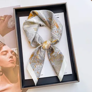 Women Floral Print Faux Silk Square Scarf Chic Botanical Pattern Small Neck Scarf Professional Elegant Head Scarf For Ladies