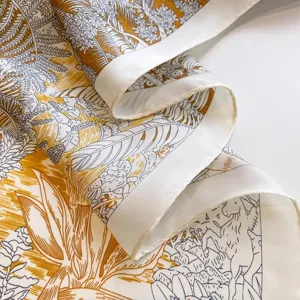 Elegant 70cm silk-like square scarf with yellow horse and floral print for neck or head