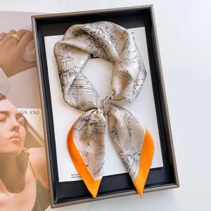 Elegant 70cm faux silk square scarf featuring botanical prints and orange borders