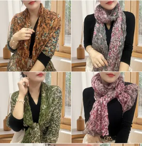 Collage showcasing various styles of floral pleated cotton linen scarves for women