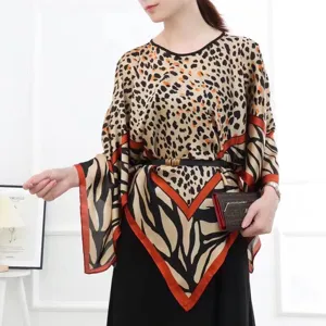 Leopard print silk shawl poncho for women lightweight beach cover up sun protection