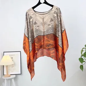Elegant silk-like printed sun protection poncho shawl for beach wear with batwing hem