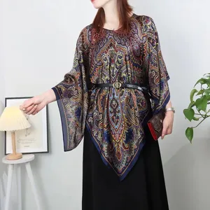 Elegant bohemian paisley printed faux silk poncho top for women versatile beach wrap