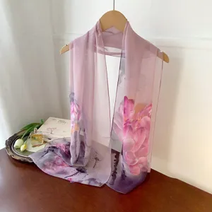 Elegant floral printed chiffon long scarf for women, lightweight summer sun shawl.