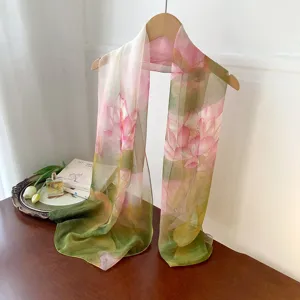 Elegant lightweight georgette scarf with pink lotus print for spring and autumn wear.