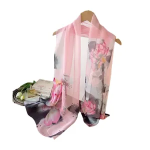 Elegant pink floral georgette scarf featuring ink-wash lotus print for women fashion