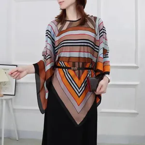 Elegant printed faux silk poncho with vintage stripes and colorful chevron pattern