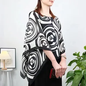 Elegant black and white floral print faux silk poncho for women beach sun protection scarf