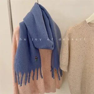 Premium soft blue wool blend thickened large scarf with cute girl embroidery and tassels