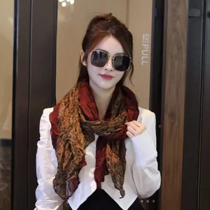 Artistic cotton linen pleated floral scarf for women, lightweight travel shawl