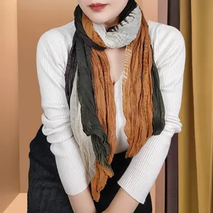 Lightweight crinkled cotton linen scarf with earthy color block design for women