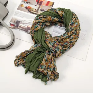 Vintage floral cotton linen pleated scarf for women, lightweight bohemian shawl wrap