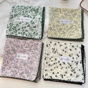 Premium set of four floral cotton square scarves with elegant lace edges for women