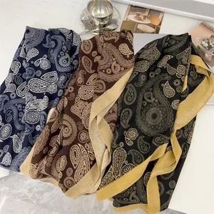 Collection of three 90cm cotton linen square scarves featuring elegant paisley print details