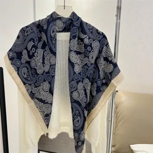 Detail view of 90cm cotton-linen square scarf with navy paisley print and beige border