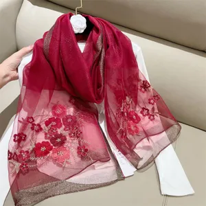 Women's Begonia Floral Embroidered Scarf Wool Blend Chinese Style Vintage Long Shawl Soft Winter Scarf Warm Elegant Wrap