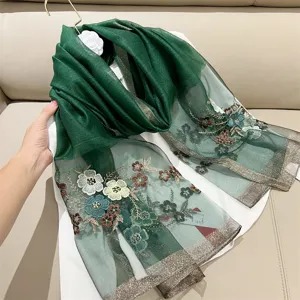 Elegant dark green silk blend scarf with exquisite begonia floral embroidery and gold trim