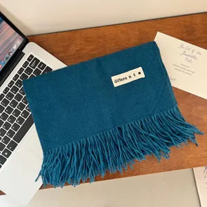 Soft blue thick imitation cashmere scarf featuring fringes and a minimalist woven label