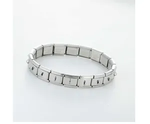 Close-up detail of polished stainless steel Italian charm modular link bracelet