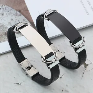 Vintage Litschi Muster Leder Edelstahl Armband Für Damen Herren Blanko ID Platte Geometrischer Modeschmuck Armreif