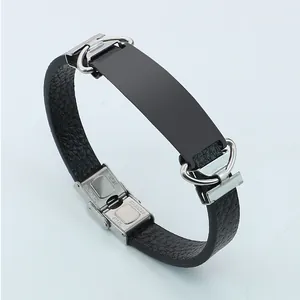 Vintage Lederarmband in Schwarz mit Litschimuster und Edelstahlplatte für DIY-Gravur