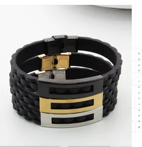 Punk style stainless steel and black silicone bracelets for men in three colors