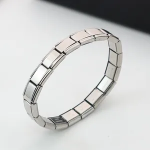 Minimalist stainless steel Italian charm bracelet with modular links in silver tone
