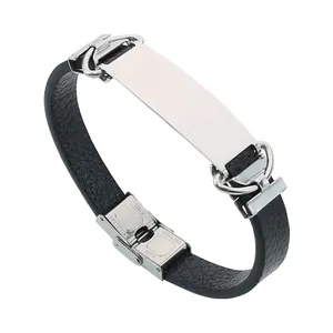 Klassisches Lederarmband mit Edelstahlplatte für individuelle DIY-Gravur in Schwarz