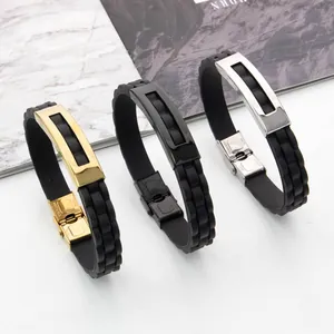 Men Fashion Punk Stainless Steel Silicone Bracelet Geometric Polished Hollow Cuff Bangle Personality Daily Jewelry For Men Women