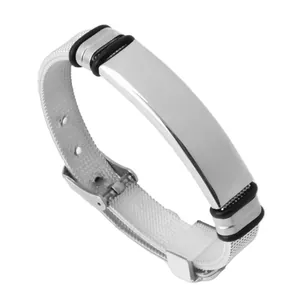 Adjustable stainless steel mesh strap bracelet with polished silver ID plate for men and women