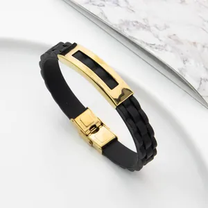 Men's punk style black silicone bracelet with gold stainless steel plate