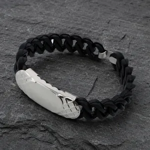 Sleek stainless steel and black silicone link bracelet with engravable ID metal plate