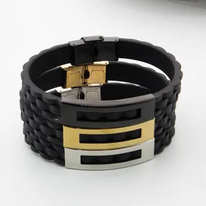 Fashion punk men's silicone bracelet with stainless steel accents in three colors