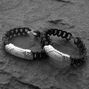 Pair of minimalist stainless steel link bracelets with engraved scorpion and heart patterns